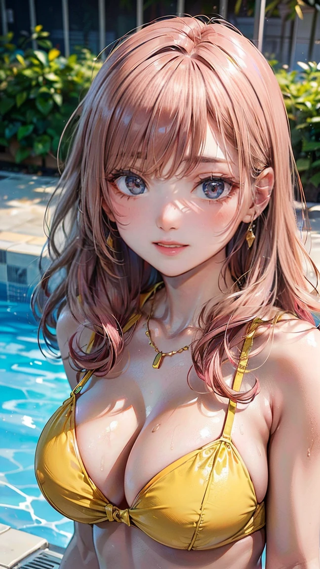 (Masterpiece, BestQuality:1.3), (ultra detailed:1.2), (hyperrealistic:1.3), (RAW photo:1.2), High detail RAW color photo, professional photograph, (Photorealistic:1.4), (realistic:1.4), professional lighting, perfect anatomy, (Big Breasts:1.2), (blush, detailed face), (cheerful Smile:1.5), Trending Hair&Trending Hairカラーをランダムに, earrings, necklace, bracelet, sexly, erotic sexly, Random sexy gravure poses, (A woman in a yellow bikini、She is sunbathing by the pool and posing sexy with a happy smile.。Her pink wavy hair is shining。:1.3)