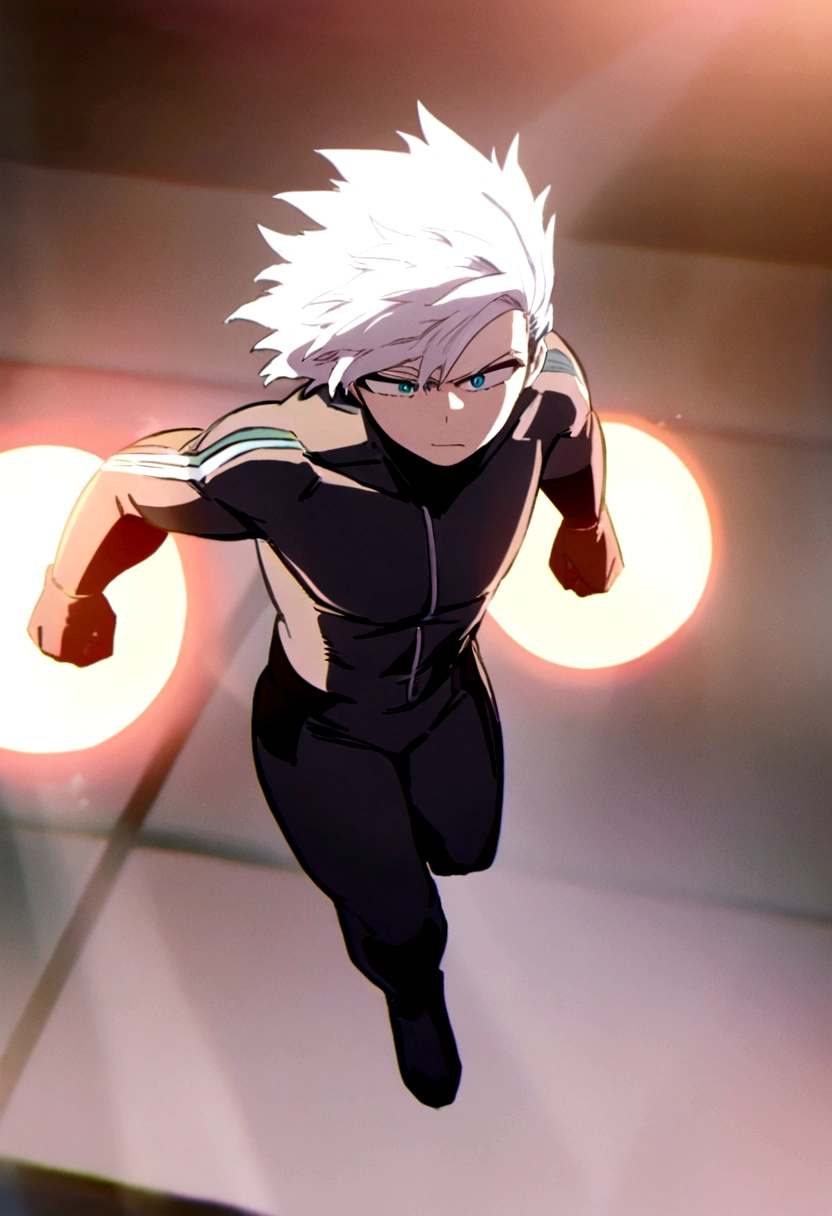 Screenshot anime boku no hero academia boy with long white hair one blue eye and one green eye with black full body suit