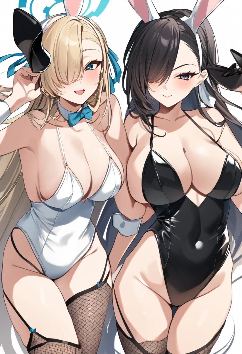 ((Two Girls,2girls))、Bunny girl、White rabbit ears、Wrist cuff、Black leotard、Saggy breastature Woman、milf:1.3)、Black fishnet stockings、garter belt、green_archive、[Ichinose Asuna、blonde、Long Hair、Hair on one eye、Light green bunny suit]、[Hajimi Hanekawa、Black Hair、Long Hair、Iris、White bunny suit]、Hello、casino、casino、casinoテーブル、Black high heels