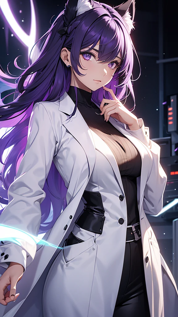Woman;
cientist;
white labcoat;
black blouse;
Mid breasts;
purple eyes;
cabelo roxo;
wolf's ears;