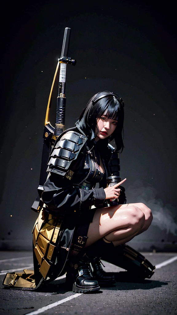 Surreal version of a woman kneeling down on one knee with sword in hand, very beautiful cyberpunk samurai,Sitting on one knee,Futuritic background, cyberpunk anime art, cyberpunk samurai, cyberpunk city anime art, cyberpunk anime, cgsociety 9, digital cyberpunk anime art, style of maciej kuciara .1girl, samurai armor, devil mask helmet, intricate, detailed ornaments, cold colors, metallic, Egyptian details, details very complex, realistic lighting, trending on social cgs, glowing eyes, facing camera, neon details, surreal details, full body portrait, Japanese atmosphere, lighting global, shadow, octane rendering, 8k, super sharp lolita.((Best quality)), ((masterpiece)), (details:1.4), 3D, image of a female cyberpunk beautiful,HDR (High Dynamic Range),Beam Range,NVIDIA RTX,Ultra High Resolution,Unreal 5,Subsurface Scattering,PBR Textures,Post-processing,Anisotropic Filtering,Depth of Field, Maximum clarity and sharpness, Multi-layer textures, Albedo and Reflection maps, Surface shadows, Accurate simulation of light-material interaction, Perfect scaling, Octane rendering, Two-tone lighting Color, Wide Aperture, Low ISO, White Balance, Rule of Thirds, 8K RAW,Smoke color background, Blade red blood,Lisa BlackPink ,
