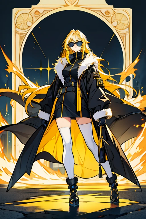 Woman super model good body long yellow hair blue eyes sunglasses black tight clothing black long stockings white fur coat