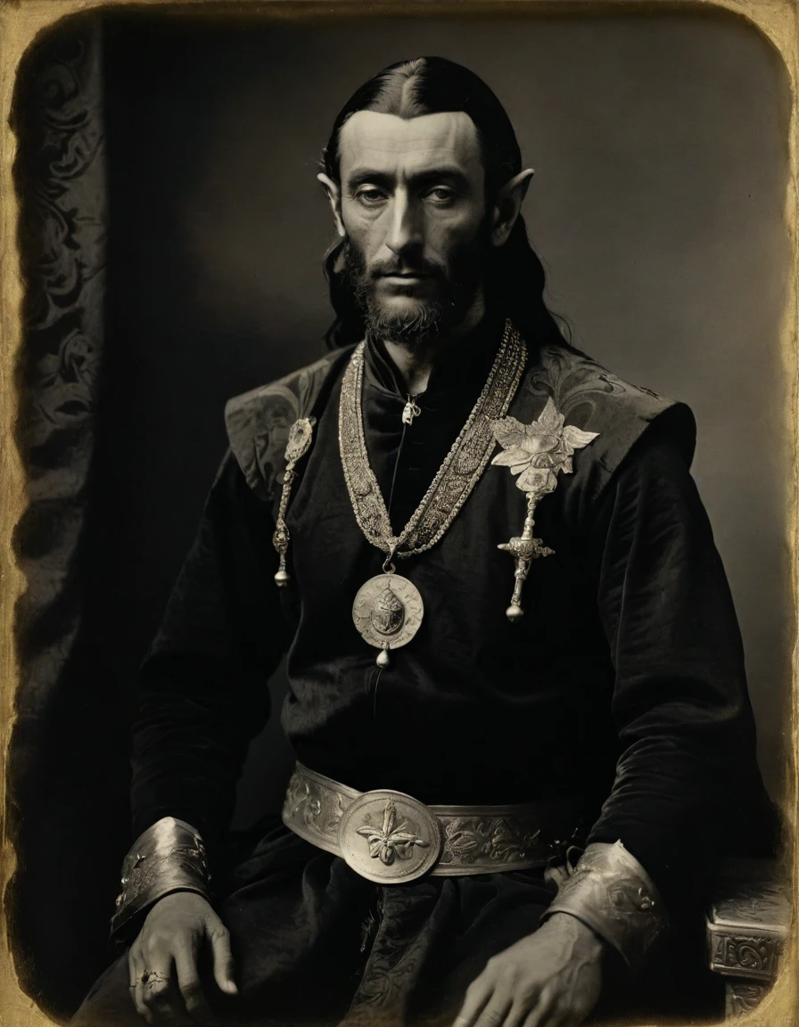 by Théodore Géricault, ((Rough monochrome, daguerreotype)), the composition is: (male high elf, bronze skin, elven ears, Assyrian beard, ne is wearing a black Mughal caftan with art déco elements, sashes, medals, pendants).