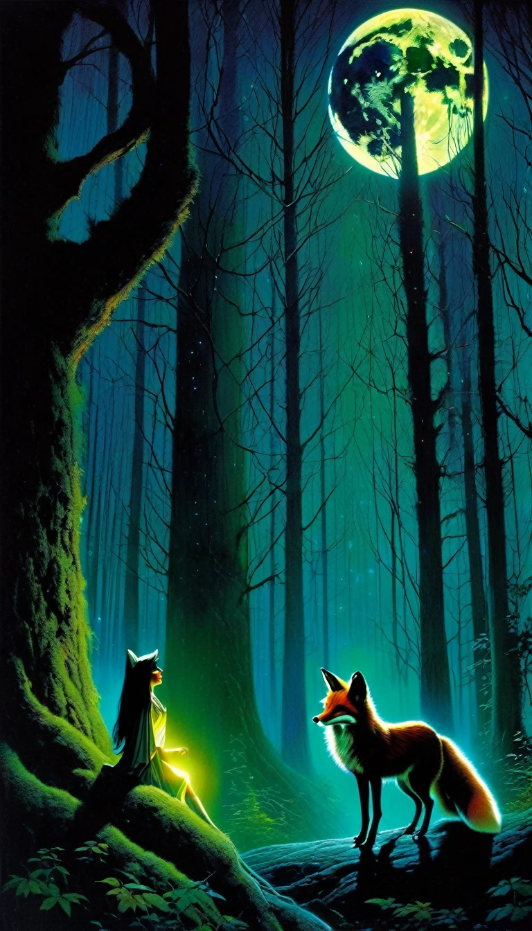 A gorgeous dark-haired girl in a forest at night, a mischievous fox by her side, the atmosphere hazy and creepy, the landscape bathed in a magical glow from the full moon above, stars twinkling in the night sky, mossy dark trees surrounding them, (art inspired by Bill Sienkiewicz), (best quality,8k,highres,masterpiece:1.2),ultra-detailed,(realistic,photorealistic,photo-realistic:1.37),oil painting