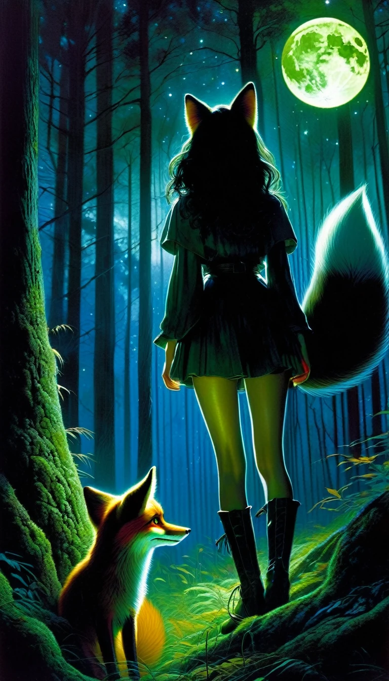 A gorgeous dark-haired girl in a forest at night, a mischievous fox by her side, the atmosphere hazy and creepy, the landscape bathed in a magical glow from the full moon above, stars twinkling in the night sky, mossy dark trees surrounding them, (art inspired by Bill Sienkiewicz), (best quality,8k,highres,masterpiece:1.2),ultra-detailed,(realistic,photorealistic,photo-realistic:1.37),oil painting