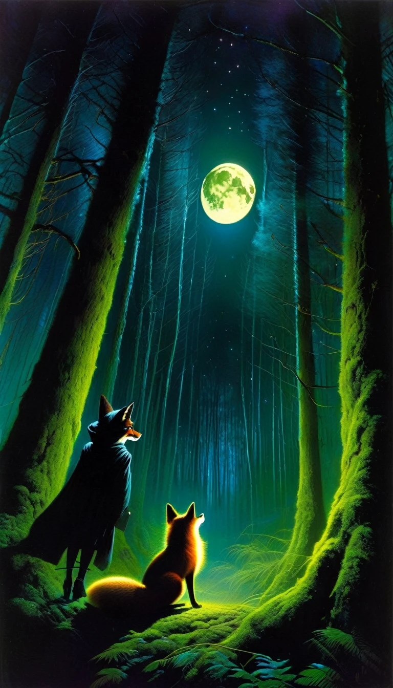 A gorgeous dark-haired girl in a forest at night, a mischievous fox by her side, the atmosphere hazy and creepy, the landscape bathed in a magical glow from the full moon above, stars twinkling in the night sky, mossy dark trees surrounding them, (art inspired by Bill Sienkiewicz), (best quality,8k,highres,masterpiece:1.2),ultra-detailed,(realistic,photorealistic,photo-realistic:1.37),oil painting