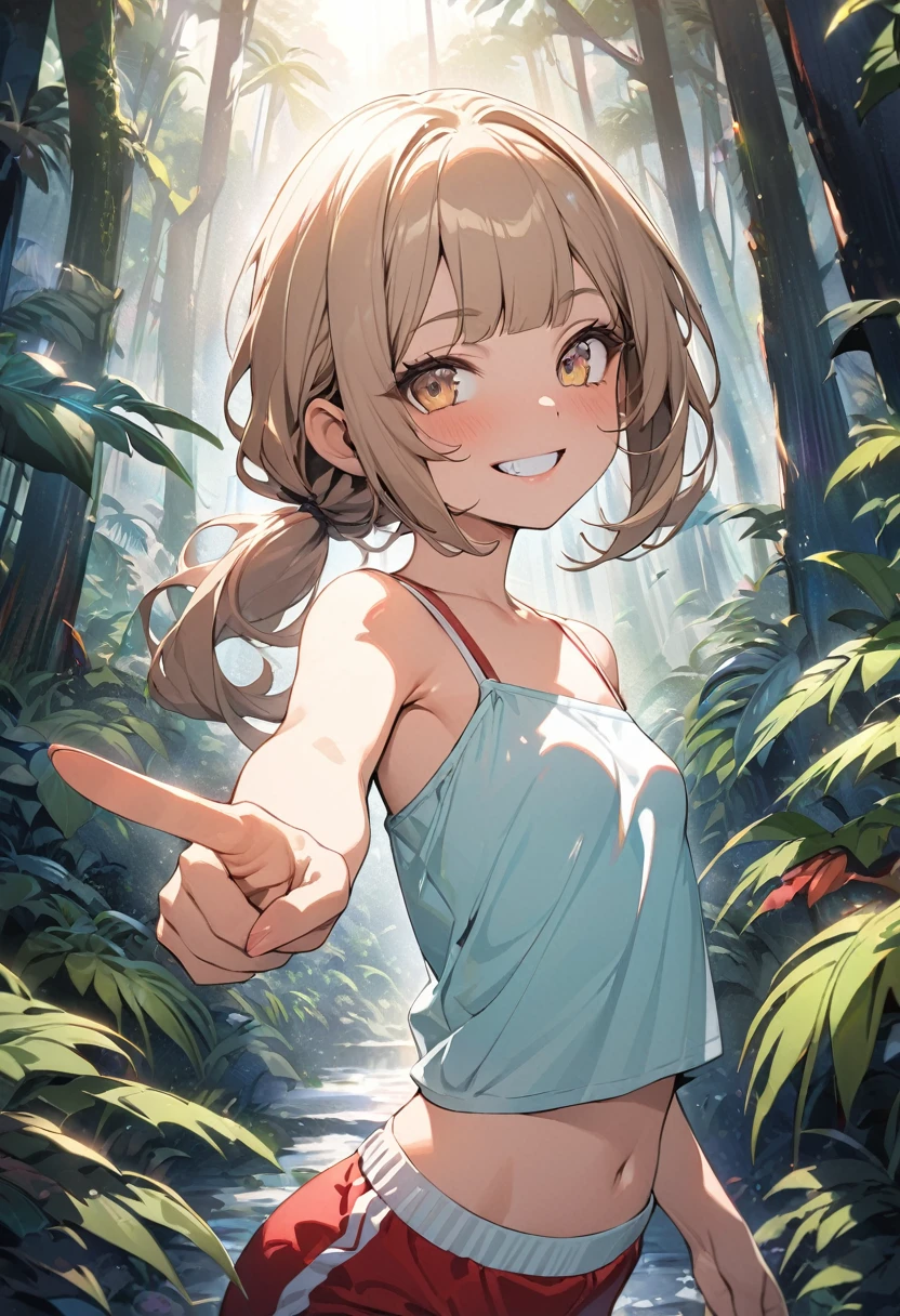 ((Masterpiece)), ((best quality)), (Anime:1.3), (psychedelic art:1.5), (High Definition:1.3), (Professional Photography:1.2), (sharp focus), (perfect light), ((12 years old)), 1girl, (very grin), Glossy lips, upper body, (cheep camisole), (Healthy slim body), (loose blunt bangs), low ponytail, ((cute gym shorts)), pale brown hair, small breast, cute hips, BREAK, ((best quality)), pointing forward with hand, (mist effect:1.3), (in subtropical rainforest), Beautiful Horizon Background, sunset, perfect hands,
