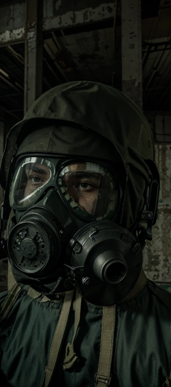 Man wearing gas mask, swat. In an abandoned warehouse scene in Chernobyl.