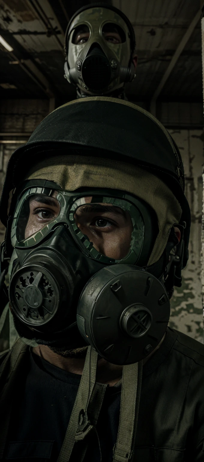 Man wearing gas mask, swat. In an abandoned warehouse scene in Chernobyl.