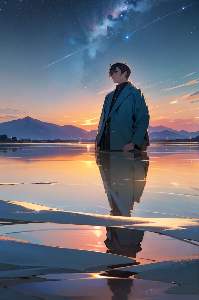 ((best qualtiy)), ((tmasterpiece)), ((Ultra Wide Angle)),early evening, A man who is,Stand in the salt lake,The surface of the water is like a mirror,Reflecting the sky。Look at the sky,The Milky Way is in the sky。