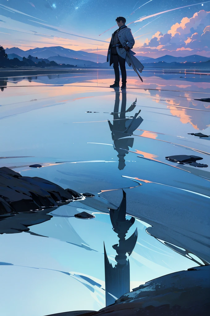 ((best qualtiy)), ((tmasterpiece)), ((Ultra Wide Angle)),early evening, A man who is,Stand in the salt lake,The surface of the water is like a mirror,Reflecting the sky。Look at the sky,The Milky Way is in the sky。