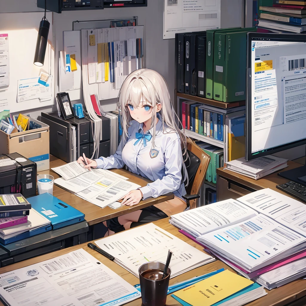Messy documents on a desk in an office, In one of them you can see a logo in the upper left corner. There is a woman&#39;s hand in the corner of the desk.