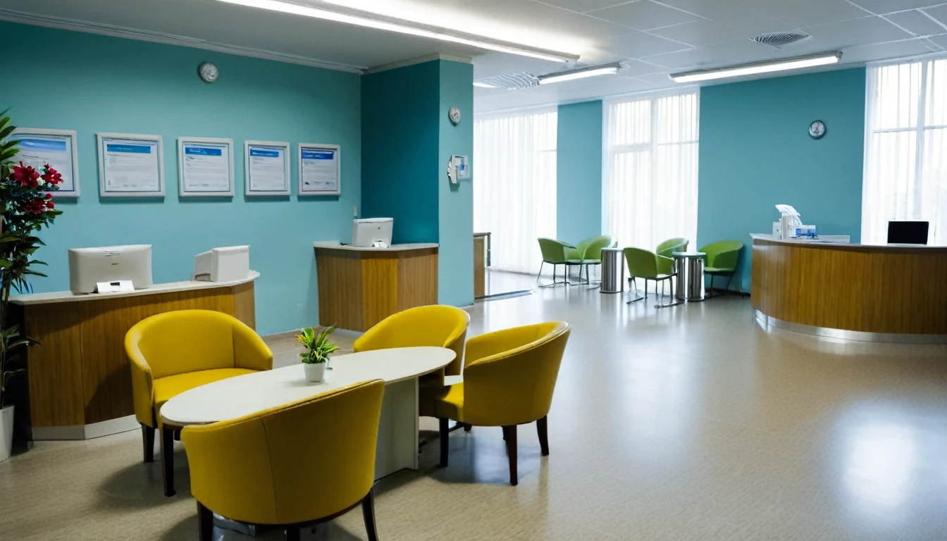 hospital reception, no people, computer at reception, chairs for patients to sit