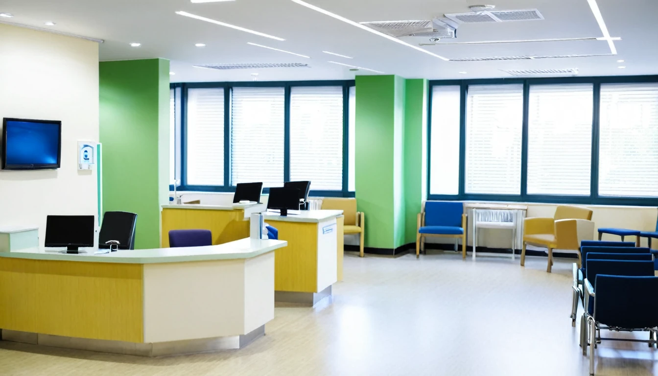 hospital reception, no people, computer at reception, chairs for patients to sit