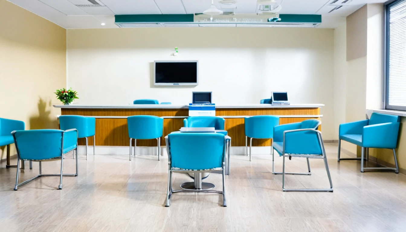 hospital reception, no people, computer at reception, chairs for patients to sit