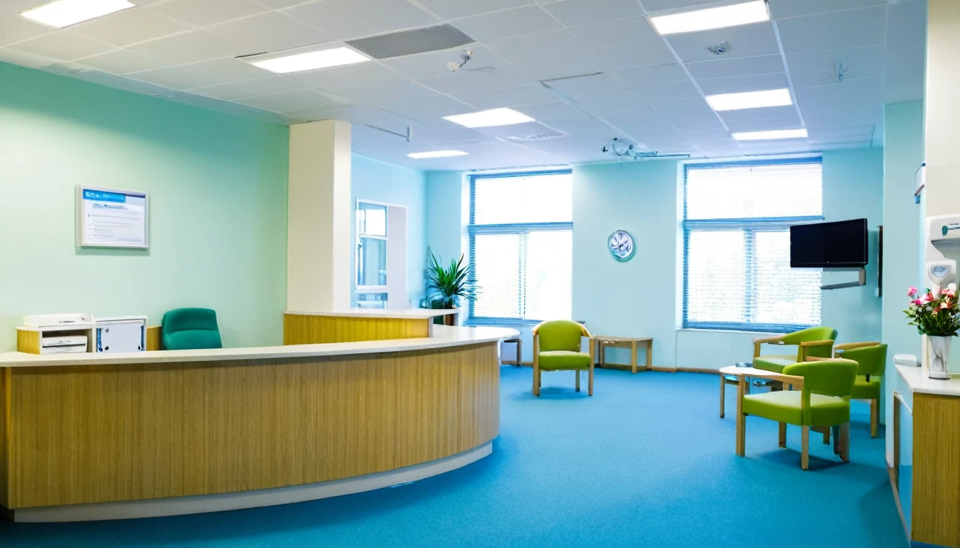 hospital reception, no people, computer at reception, chairs for patients to sit