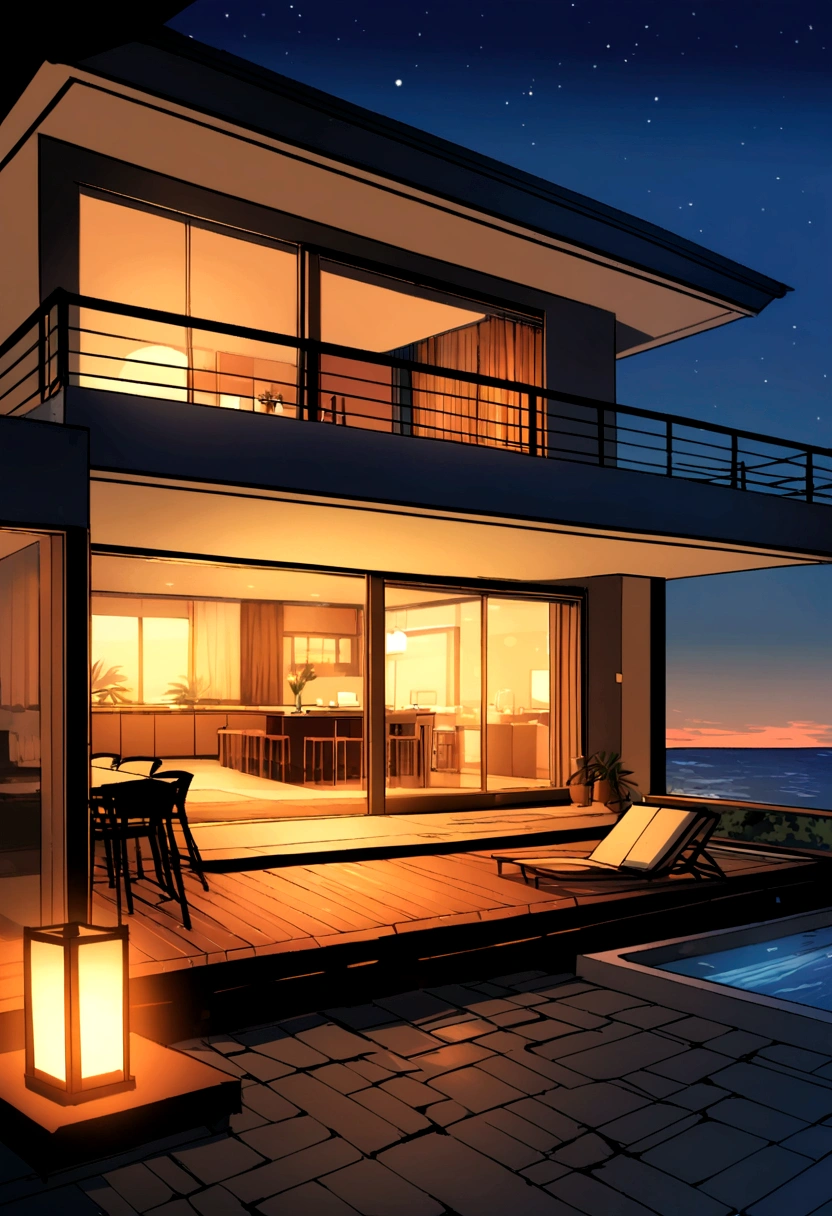A room in a luxury villa facing the sea, it is 11 at night, in summer and it is very hot.