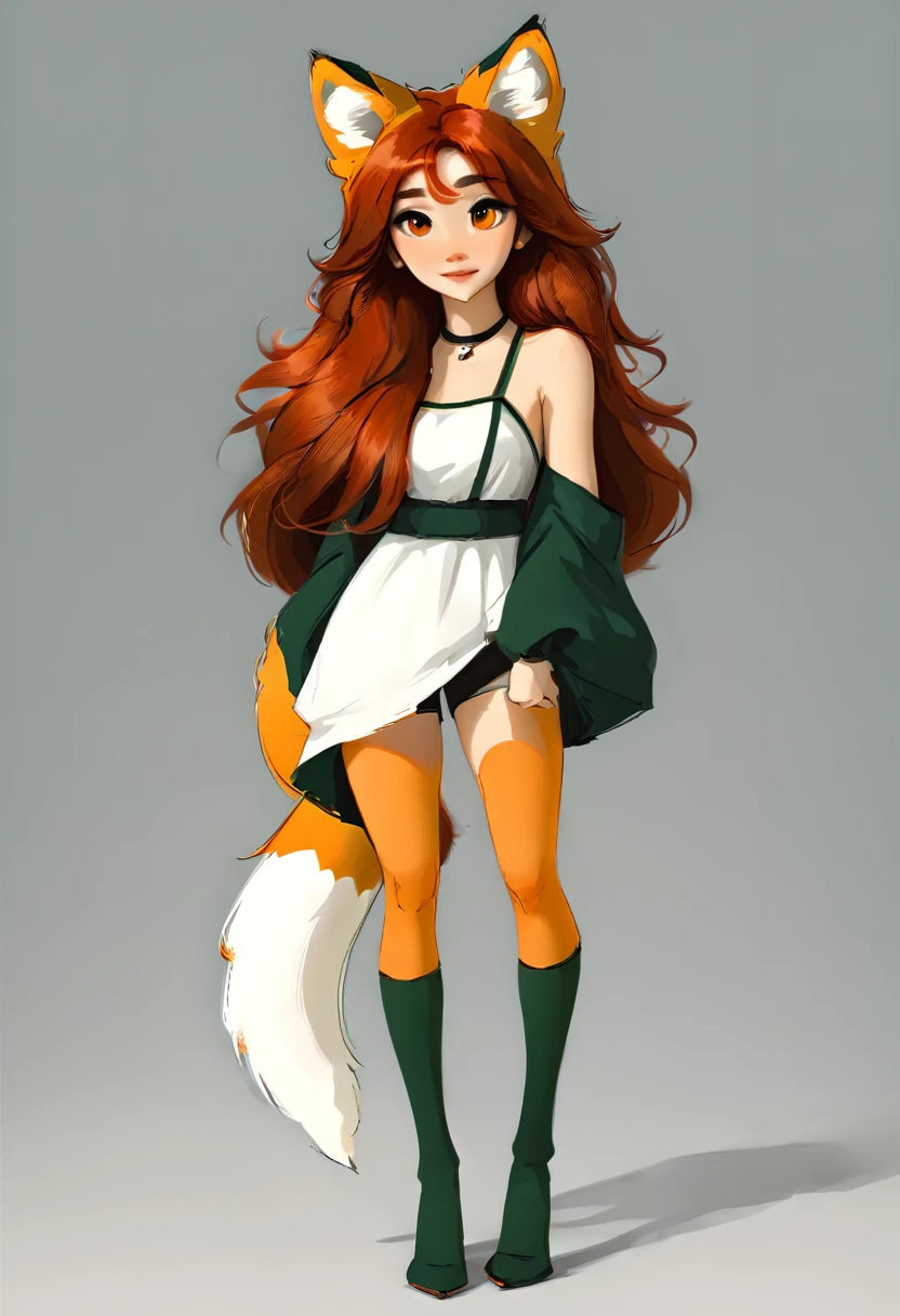 Full-length portrait of a very cute humanoid fox, with a dark orange fox tail and ears, long hair, dark red hair color, olhos na cor verde, White background, webtoon style