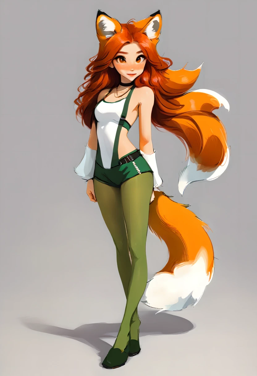 Full-length portrait of a very cute humanoid fox, with a dark orange fox tail and ears, long hair, dark red hair color, olhos na cor verde, White background, webtoon style