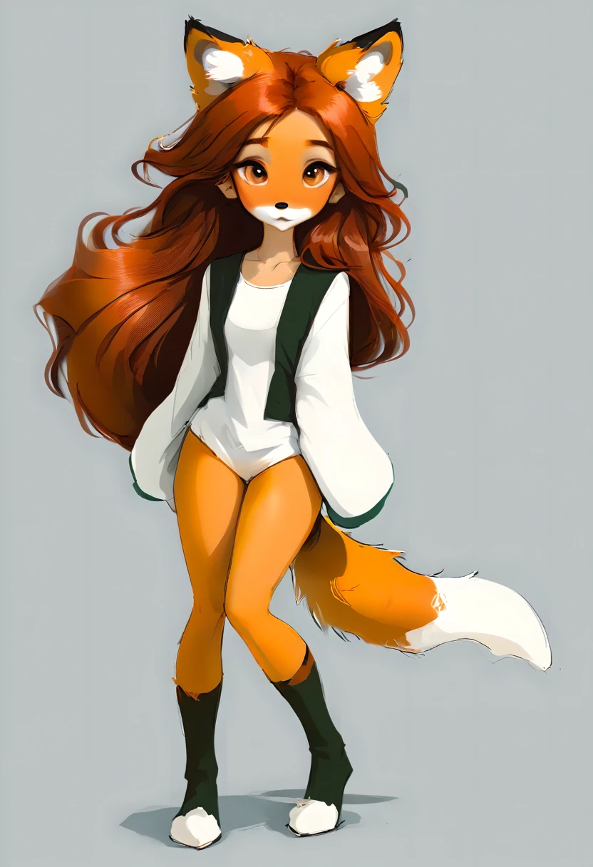 Full-length portrait of a very cute humanoid fox, with a dark orange fox tail and ears, long hair, dark red hair color, olhos na cor verde, White background, webtoon style