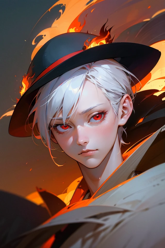 Best Quality, masutepiece, 超A high resolution, (photos realistic:1.4), surrealism, dream-like,fusionart, Anime Boy, White hair, Red Eyes, In the Dark, Fire magic,short-haired