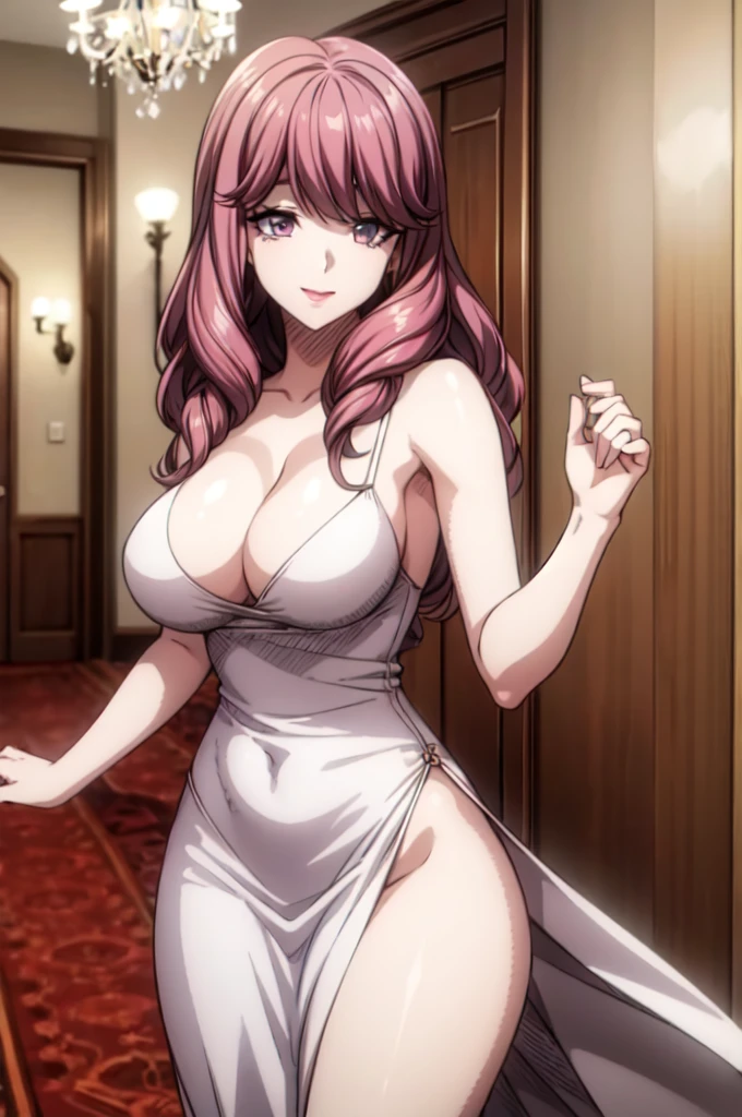 perfect eyes:1.2, detailed eyes:1.4, hall, smile, chandelier, medium hair, Kurayoshi_R, cleavage, large breasts, white dress, pelvic curtain, long dress, medium full shot, thigh-level shot, 1girl,(masterpiece:1.6, best quality),