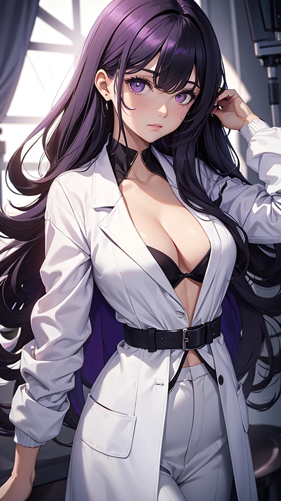 Woman;
cientist;
white labcoat;
black blouse;
Mid breasts;
purple eyes;
cabelo roxo;
Orelhas de coelho;