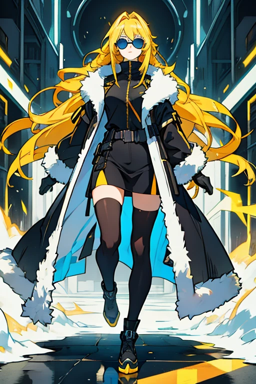 Woman super model good body long yellow hair blue eyes sunglasses black tight clothing black long stockings white fur coat