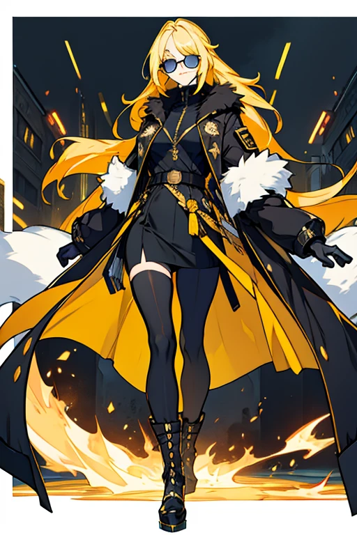 Woman super model good body long yellow hair blue eyes sunglasses black tight clothing black long stockings white fur coat
