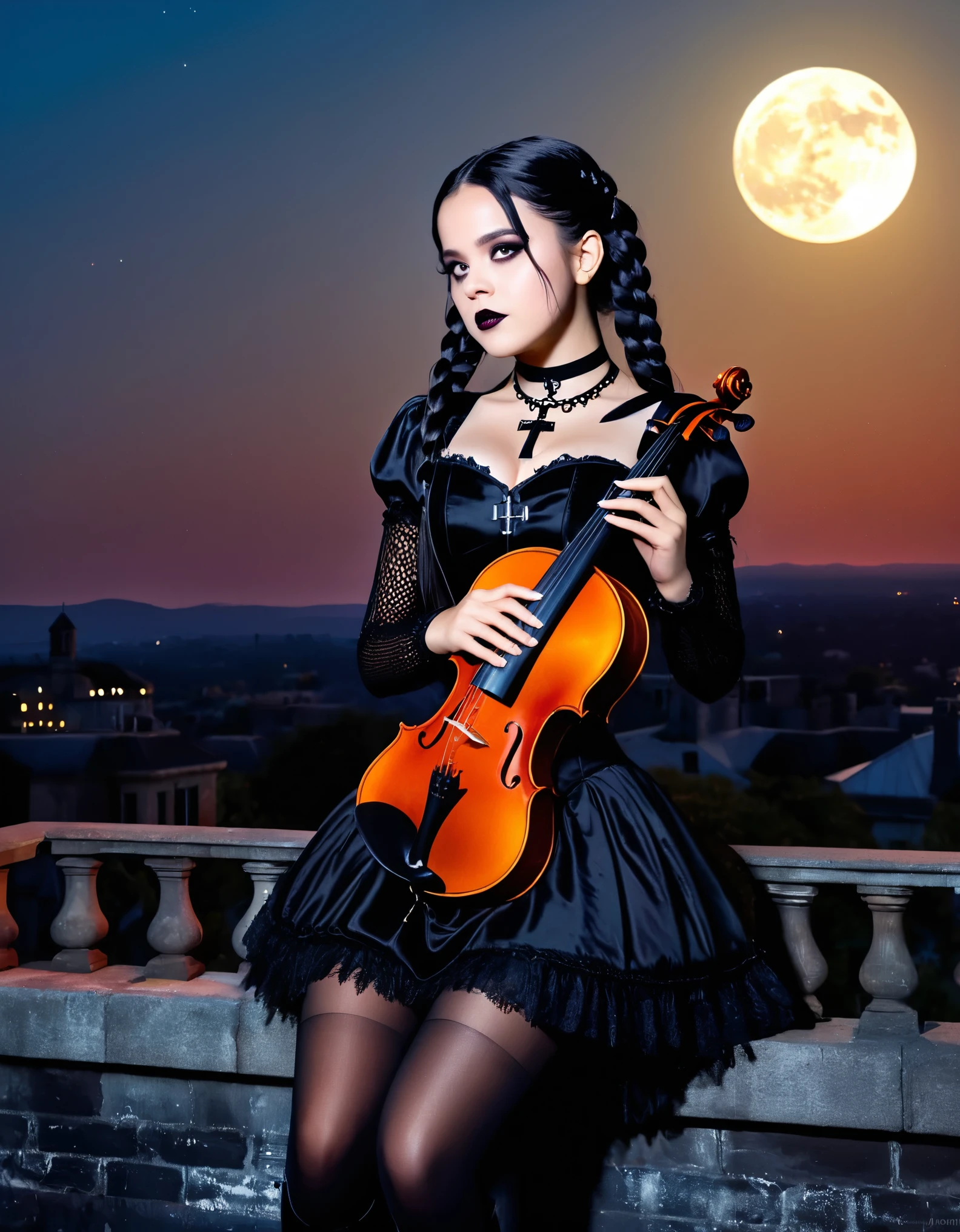 A young woman with long black hair styled in two braids and wears minimal makeup with dark eyeliner, black lipstick, sexy goth, Wednesday Addams (Jenna Ortega). Jenna Ortega as Wednesday Addams.  The setting is on the roof top of an old decaying mansion at midnight with a big bright full moon in the background. Wednesday is playing the cello. She is wearing black ornate fabric choker, black corset, black short feathered dress with black stockings. A peculiar, lifelike severed hand is on her shoulder, adding an element of mystery. The lighting is eerie, coming from an unseen source, creating a since of mystery and intriguing atmosphere. Hyper realistic photo, vibrant colors, 16k.