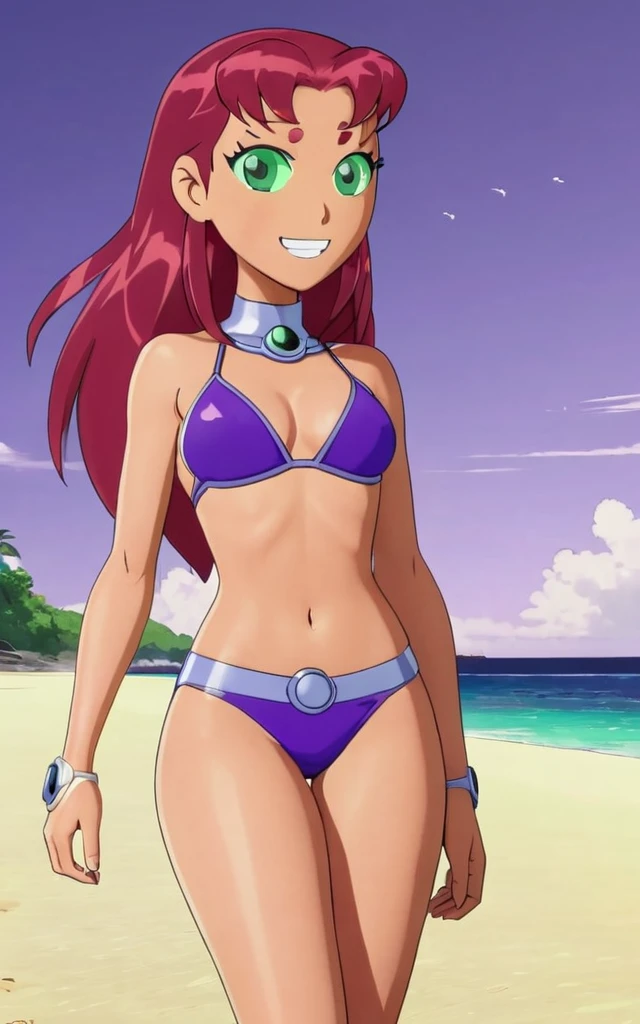 ohxw, star12, red hair, green eyes, purple bikini, full body, blushing, smile, walking up from a beach, 4k, highly detailed, lighting, outside, cartoon, 2d, sharp,