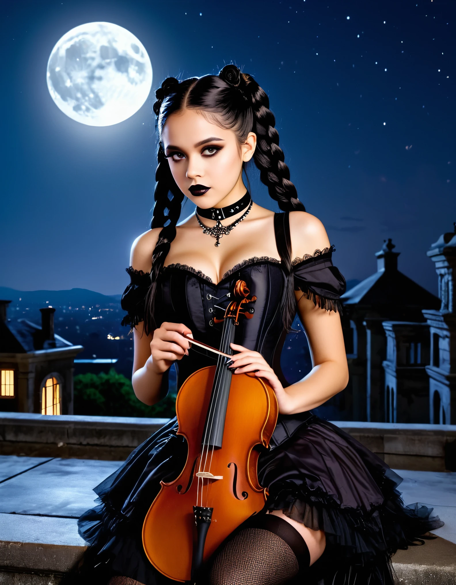 A young woman with long black hair styled in two braids and wears minimal makeup with dark eyeliner, black lipstick, sexy goth, Wednesday Addams (Jenna Ortega). Jenna Ortega as Wednesday Addams.  The setting is on the roof top of an old decaying mansion at midnight with a big bright full moon in the background. Wednesday is playing the cello. She is wearing black ornate fabric choker, black corset, black short feathered dress with black stockings. A peculiar, lifelike severed hand is on her shoulder, adding an element of mystery. The lighting is eerie, coming from an unseen source, creating a since of mystery and intriguing atmosphere. Hyper realistic photo, vibrant colors, 16k.