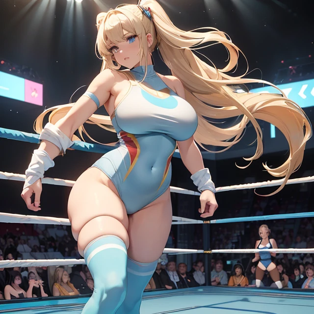 (masterpiece image, very detailed image, best high quality high definition image High very detailed Quality image, Very detailed high quality image), solo character
1 norse girl, absolute beauty, 28 years old, fair pale skin, light blue eyes, sexy beauty features, long blonde golden hair tied in two high pigtails with pink ribbons and blonde golden hair curly fringe near the nose, voluptuous body, big breasts, round butt, beautiful legs, (light pale blue one piece leotard with a white stripe line in the belly and a grey spandex shorts under the leotard, grey knee pads, light pale blue wrestling boots, light pale blue arms sleeves, grey elbow pads), serious face
female wrestling high kick
Dirty gym and wrestling ring