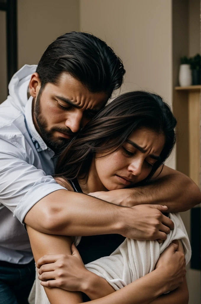 He is on his knees holding her in his arms., hugging her because she is crying/just, that is, he is having a downturn, because she discovers that he had plans to leave the country and leave her alone, And when she discovers it, she complains to him and in the end she can't stand it and lets herself fall to the ground.
