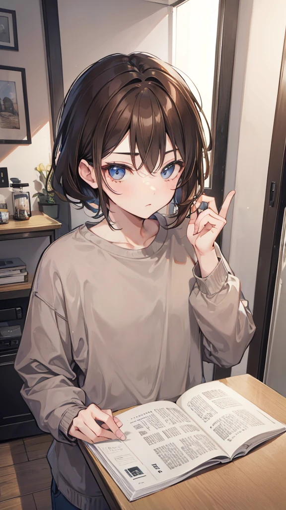 Boy with brown hair wearing gray sweatshirt