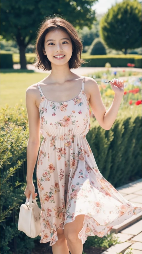 masterpiece, highest quality, disorganized, perfect anatomy, 1 girl, alone, pascal tales, short hair, beautiful, Hilarious, sunny day, botanical garden, Summer winds, sundress, Floral, wavy hair, smile
