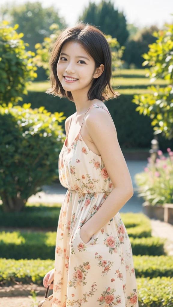 masterpiece, highest quality, disorganized, perfect anatomy, 1 girl, alone, pascal tales, short hair, beautiful, Hilarious, sunny day, botanical garden, Summer winds, sundress, Floral, wavy hair, smile