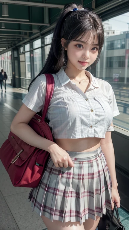 beautiful girl,Curvy,Beautiful breasts,Large Breasts,Whitening skin,(Pointed Chest),(Erect nipples),(Realistic:1.2,8K,Ultra HD,High resolution,Highest quality,masterpiece),(ponytail:1.2),(Thinning hair:1.8),(Straight hair:1.5),(length, sleek bangs:1.5),((high school girl,High School Uniform,Plain white shirt, Checkered Pleated Skirt,Plaid ribbon,school bag)),(commute,Shibuya Station),(View from below:1.0),Wicked Smile,(Rounded hip line)