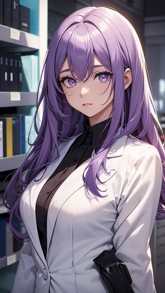 Woman;
cientist;
white labcoat;
black blouse;
Mid breasts;
purple eyes;
cabelo roxo;
Orelhas de coelho;
Tem orelhas de coelho