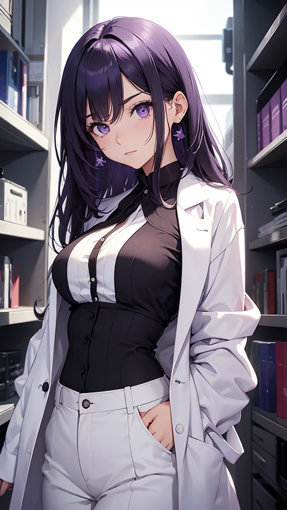 Woman;
cientist;
white labcoat;
black blouse;
Mid breasts;
purple eyes;
cabelo roxo;
Orelhas de coelho;
Tem orelhas de coelho