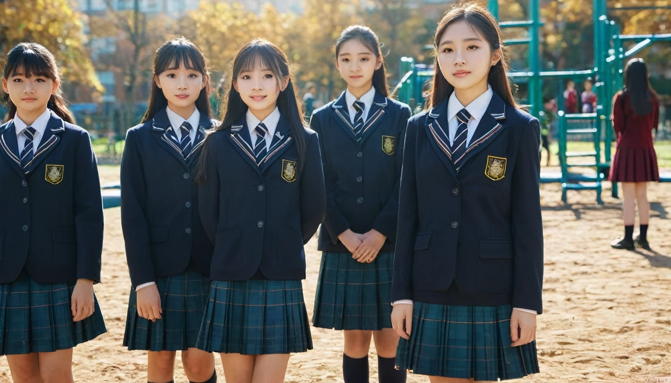 Fall Opening Ceremony，Middle school students wearing school uniforms，Standing on the playground。（RAW photos，Best quality），（reality，照⽚reality感：1.3），masterpiece，Extremely exquisite and beautiful，High resolution，Original，Perfect lighting，（Extremely detailed CG：1.2），Unification，2k wallpaper，Amazing，Fine details