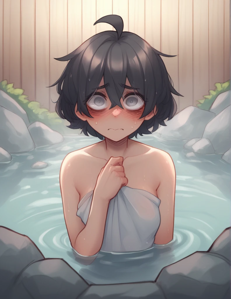 1 girl, alone, ppka, black fur, short hair, messy fur, Ahoge, parts, parts por todo el cuerpo, grey eyes, blind eyes, kind eyes, very nervous, looking at the viewer, blushing Towel tied, Hot Springs, sentada en las Hot Springs