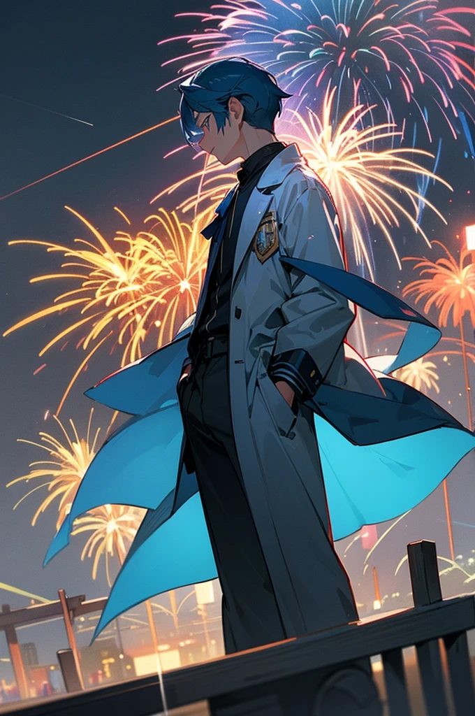 Masterpiece, best quality, super detailed, illustration In the rainy night sky、Colorful large fireworks bloom magnificently、Fireworks blast blows away the surrounding rain clouds、Clear the sky。Below that、A person who have a blue hair, his profile was illuminated by the light of fireworks.、In the background, Cityscape changing from rain to sun.。The spectacle is nostalgic and fantastic., male, arms in pockets