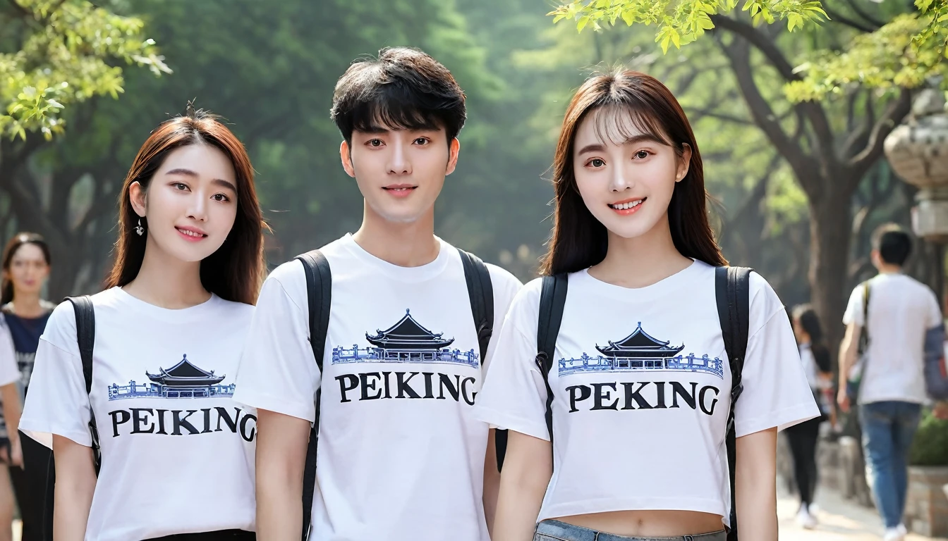 College students wearing Peking University T-shirts。RAW photos,Best quality,(reality,照⽚reality感:1.3),masterpiece,Extremely exquisite and beautiful,High resolution,Original,Perfect lighting,(Extremely detailed CG:1.2),Unification,2k wallpaper,Amazing,Fine details