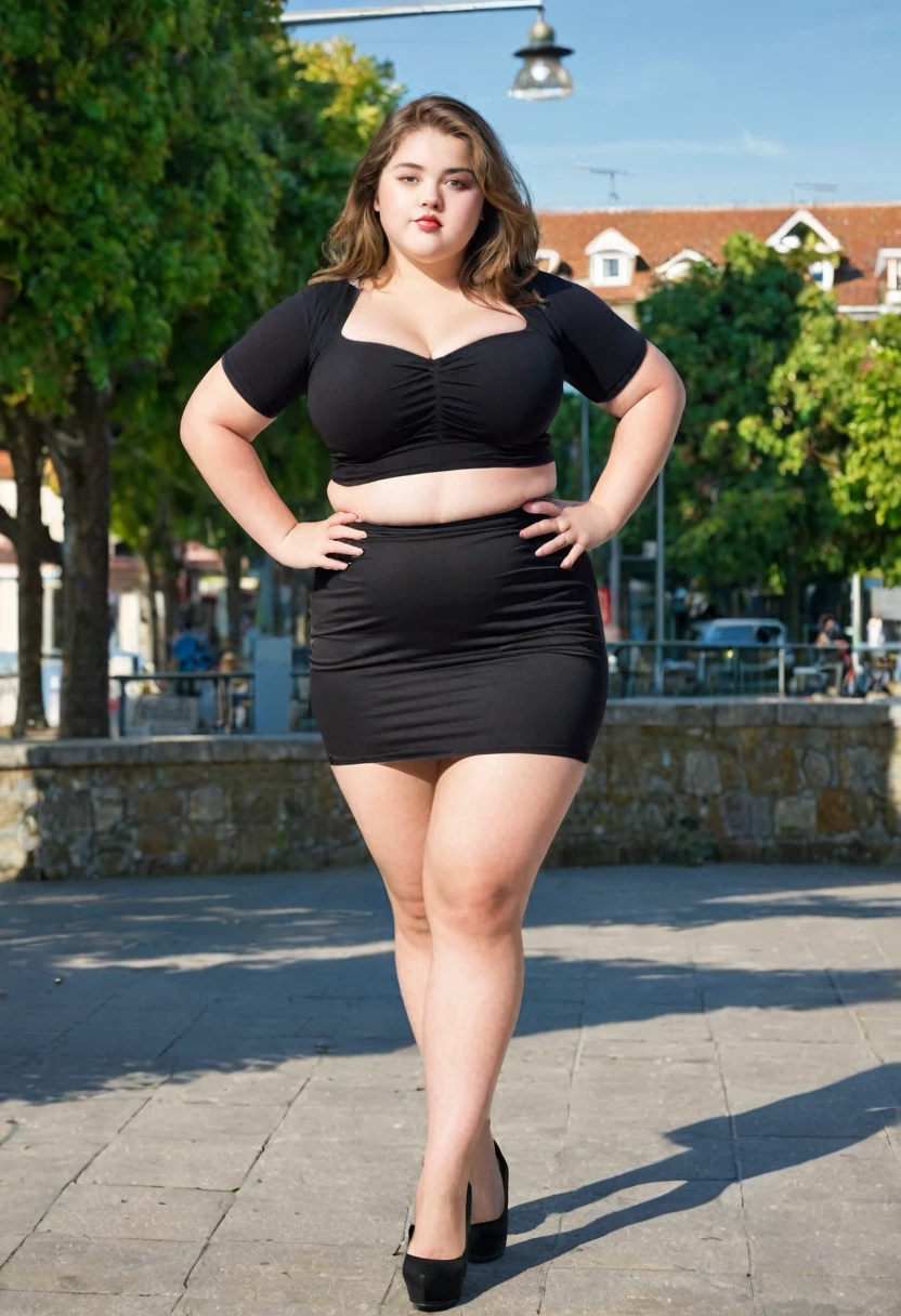 woman ,lots of light full body,foreground,very wide hips,caderona,very busty, black dress project taping,transparent dress ,chubby, naked,a lot of cleavage ,mature,old,busty,skirt minishirt,all marked,busty hanging,showing thighs and legs,wide hips with a lot of volume,oldies vintage chubby, mini skirt