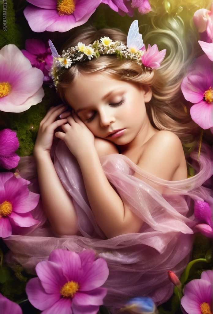  fairy gracefully sleeping in a flower,full body,magic background 