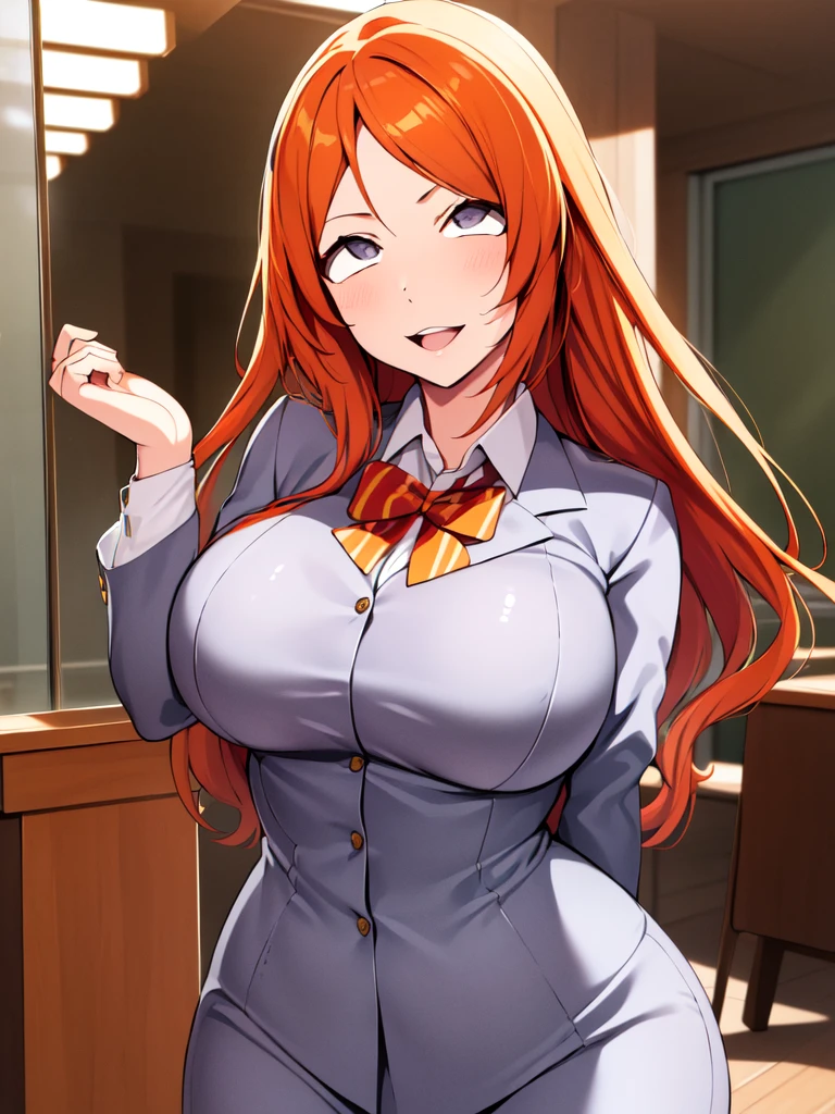 Highest quality, masterpiece, One girl, Ray Tracing, Super detailed,Detailed face, 8k wallpaper,  Wide Hips, smile, Orihime Inoue_NDV, One girl, Orange Hair, Large Breasts, Long Hair, Grey Eyes, (school uniform:1.2), Grey Skirt, Grey jacket,shirt outdoor,  