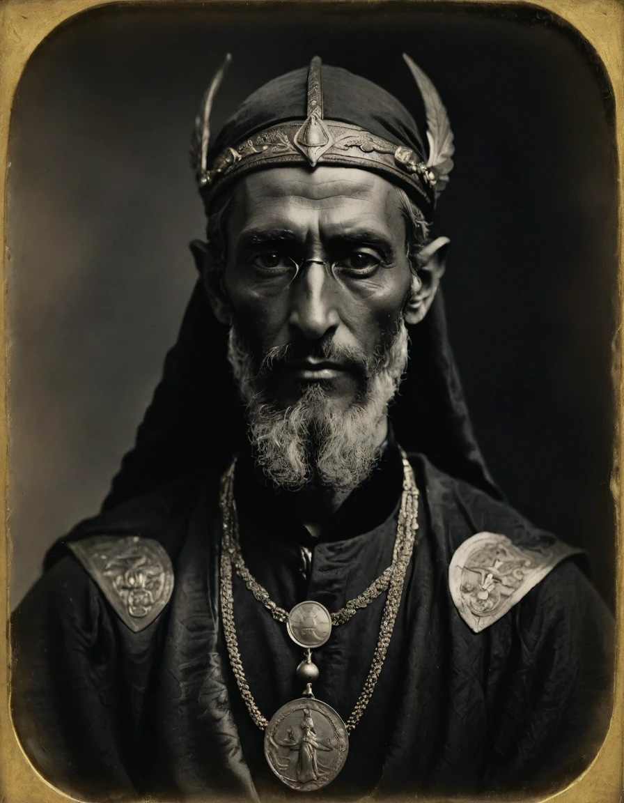 by Théodore Géricault, ((Rough monochrome, daguerreotype)), the composition is: (male high elf, bronze skin, elven ears, Assyrian beard, he is wearing a black Mughal caftan with art déco elements, spectacles, sashes, medals, pendants).
