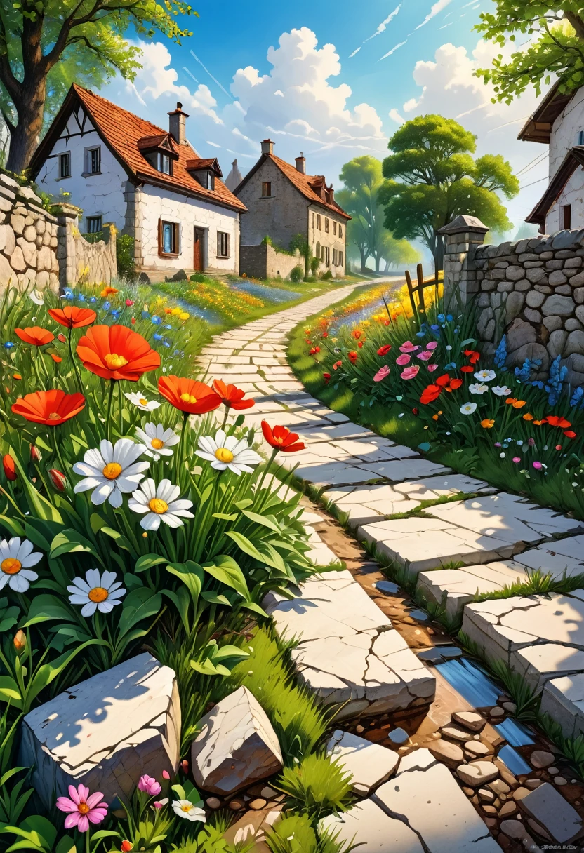 (masterpiece), best quality, hyperrealistic springtime blooming next to the road, rubble of an old white masonry house, cracked an, bussiere rutkowski andreas rocha, meadows in the background, digital painting highly detailed, highly detailed 8k, highly detailed water colour 8 k, highly detailed digital painting, by Trevor Brown, by Altoon Sultan, 8k)), immensely detailed scene,vibrant colors, high saturation, high contrast, high resolution artwork,sharp focus,HDR,8k