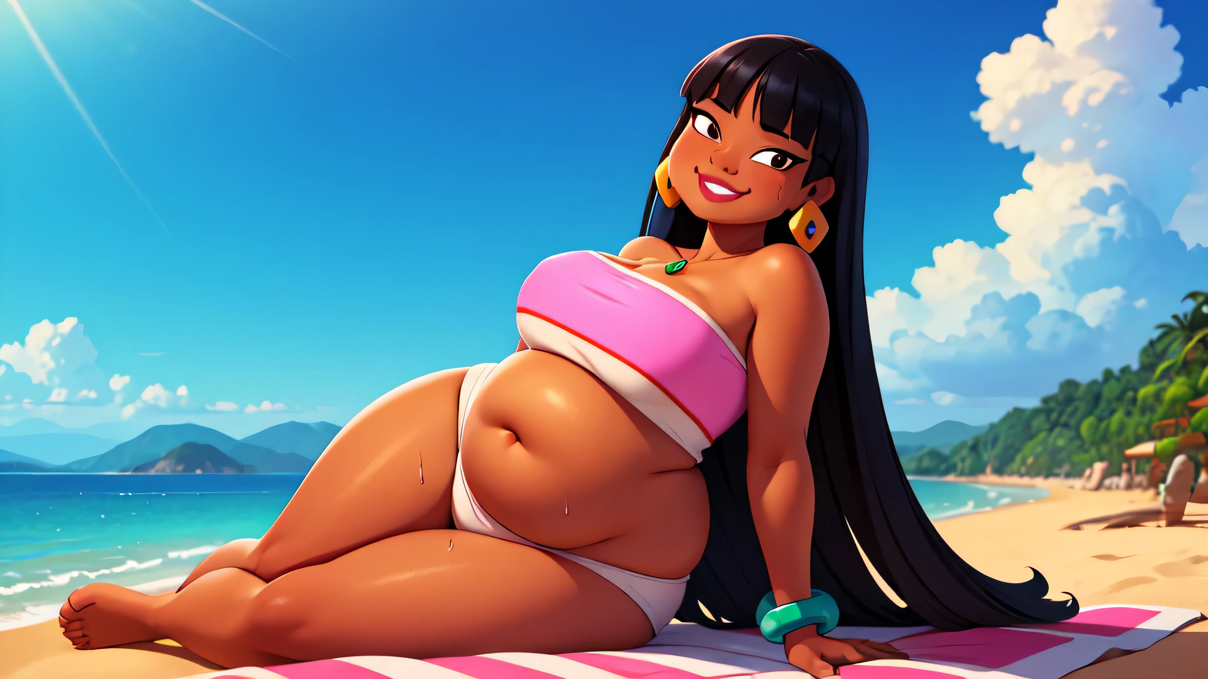 (work of art:1.2, best qualityer:1.2), soft ambient lighting, perfect lighting, 1 girl, standing alone, Chel, Bblack hair, long hair, rhombus stripe, eyes browns, darkskin, lipstick, breasts big, Broad Hips, top of the tube, neckleace, bared shoulders, emerald earrings, emerald bracelets, looking at the camera with a smug expression on his face, beach background, very large body, fat belly rolls, big breasts, sexy smile, fat arms, thunder thighs, super fat, looking at viewer, wet clothes, sweating very hard, sexy looking, blob, breathtaking, bedroom, lying in bed, home